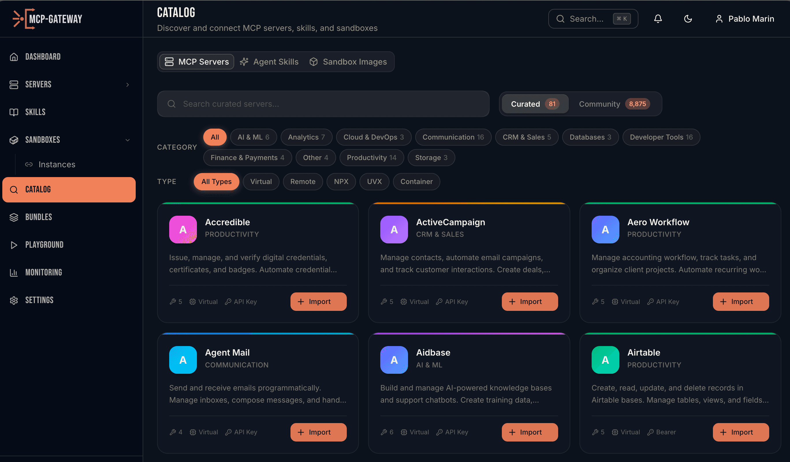 MCP Servers Catalog — curated and community servers with one-click import