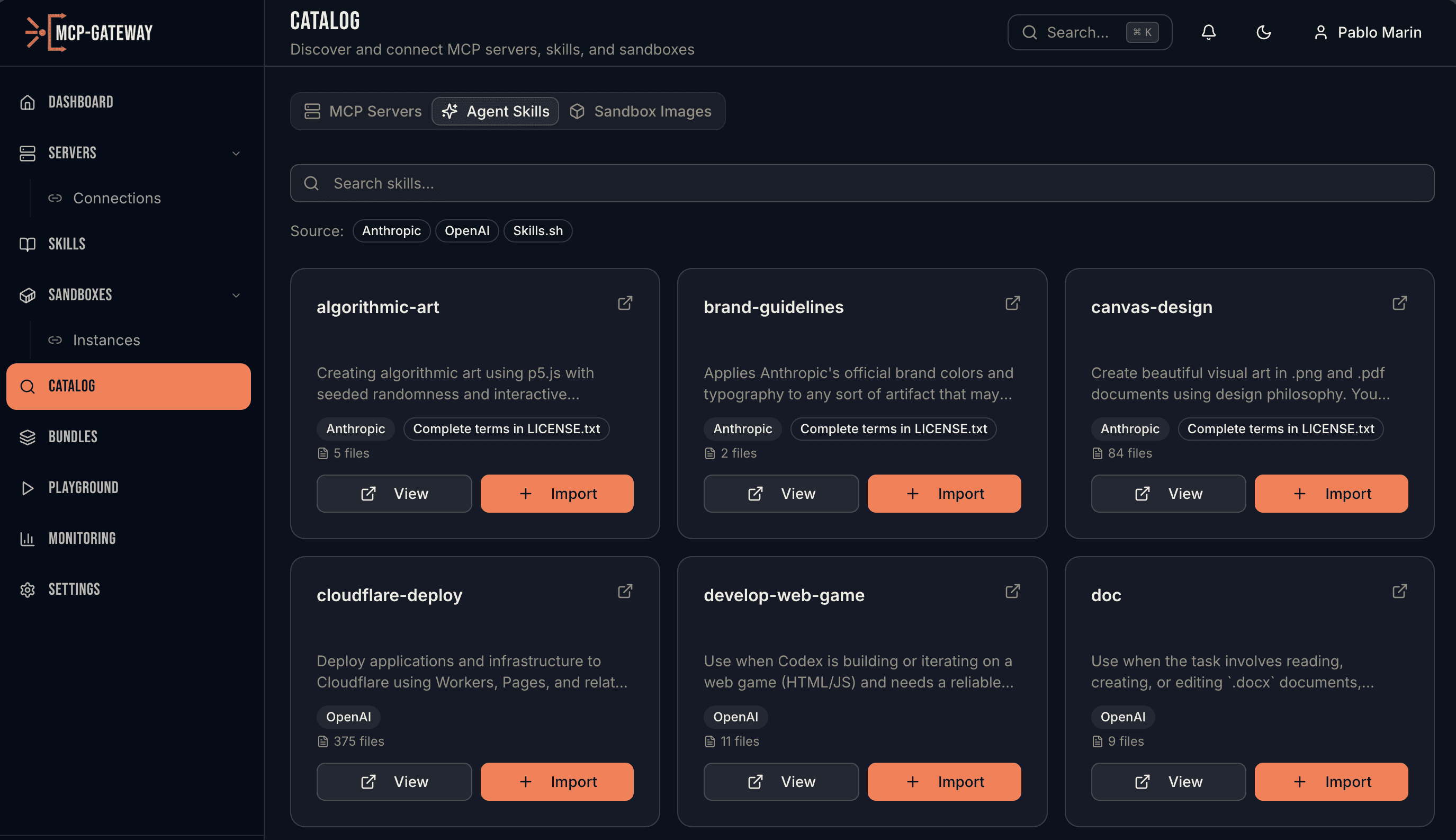 Agent Skills catalog showing skills from Anthropic, OpenAI, and Skills.sh sources