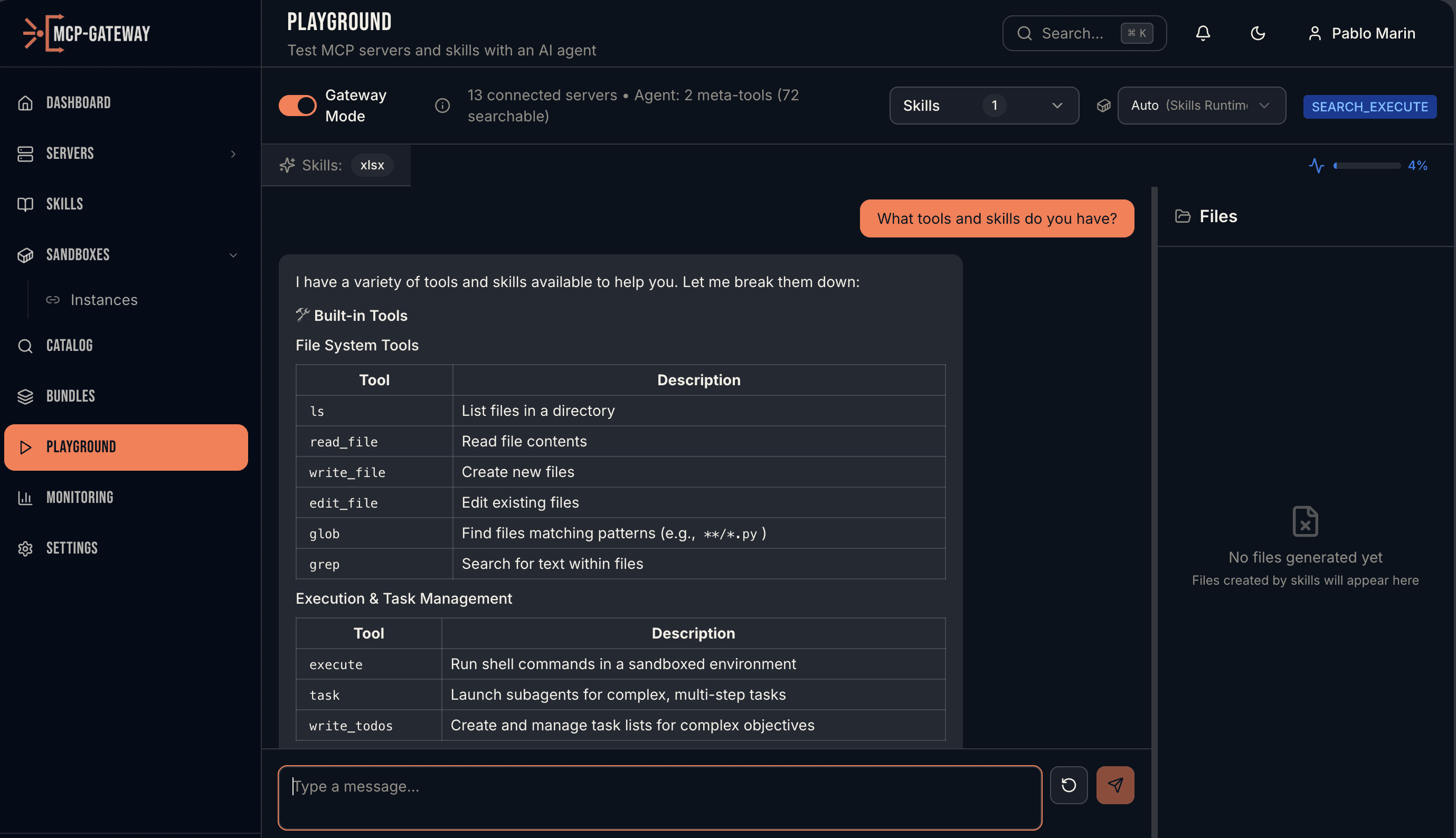 Playground with agent chat, tools list, and skills loaded