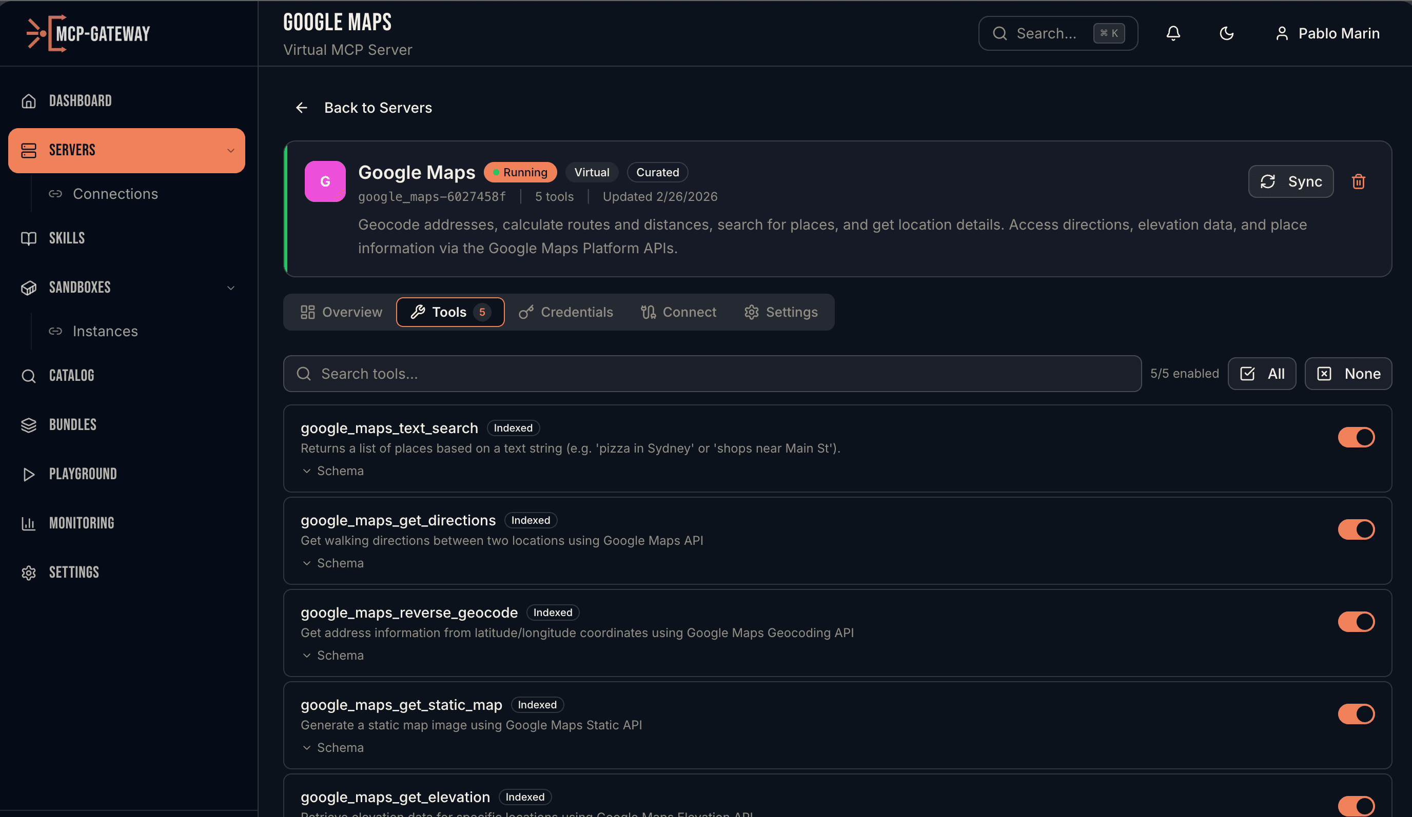 Server detail view — tools, OAuth connections, and sync status