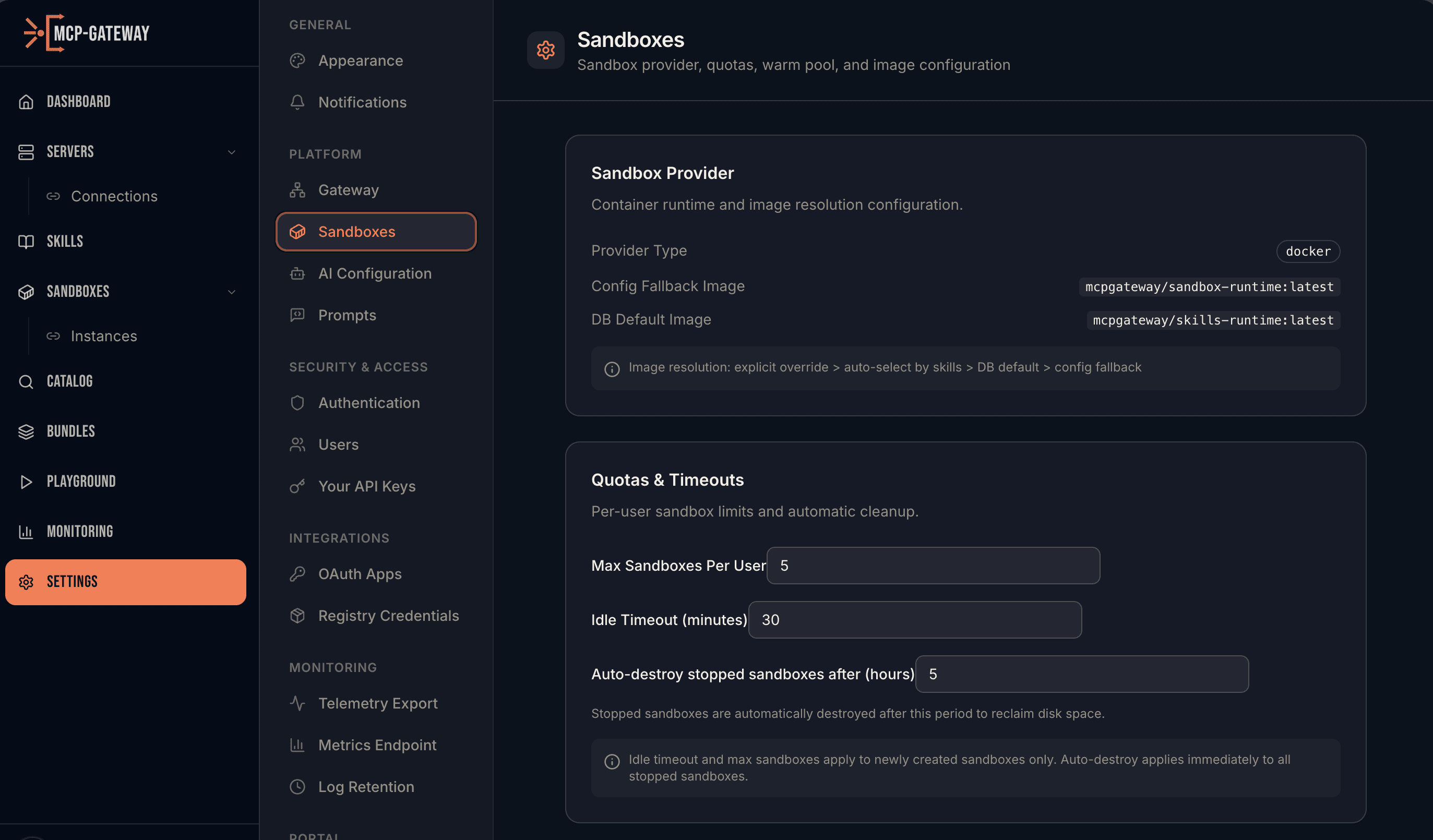 Sandbox settings showing provider configuration, resource quotas, and timeout policies